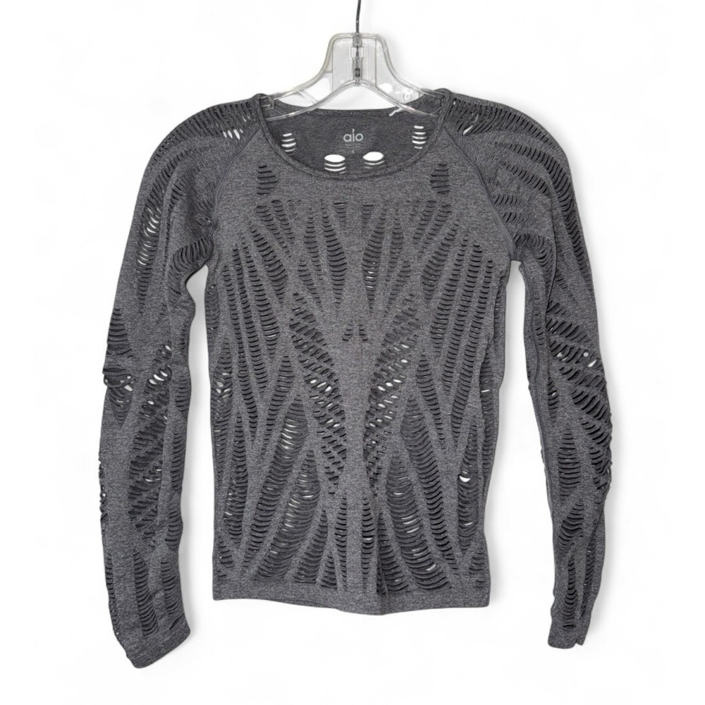 Alo Yoga Wanderer Women's Small Long Sleeve Seamless Top Gray Laser Cut Out
